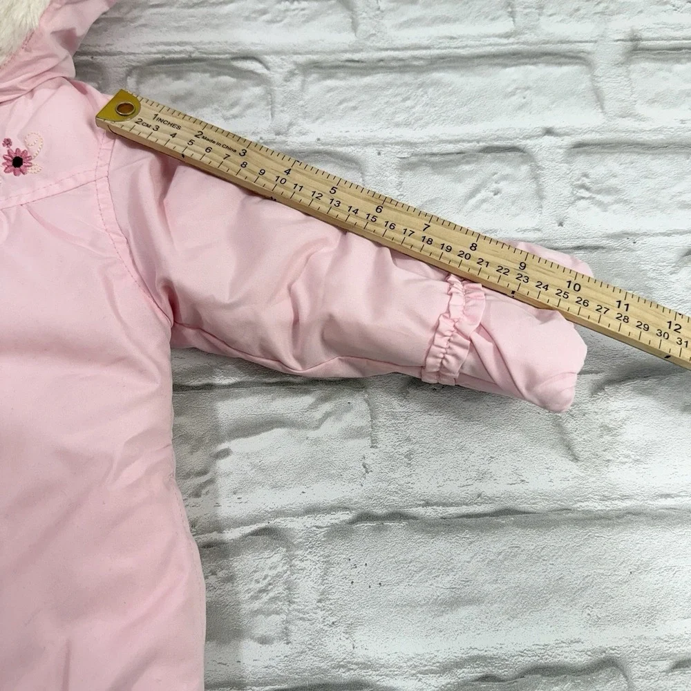 Carters Baby Girls 24M Pink Puffer‎ Jacket Coat  Embroidered Flowers Fur Hood